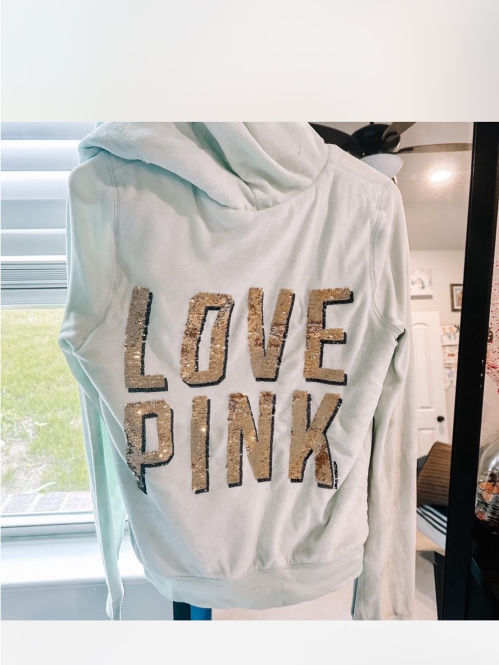 PINK Victoria's Secret Mint Hoodie with Gold Sequin "LOVE PINK"